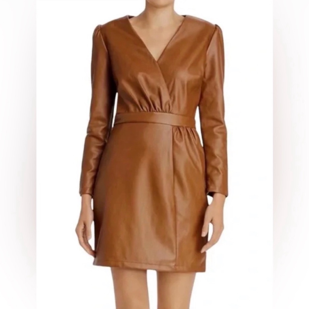 Nwt Lucy Paris Brown Faux Leather Puff-Sleeve V-Neck Mini Dress Size Xs